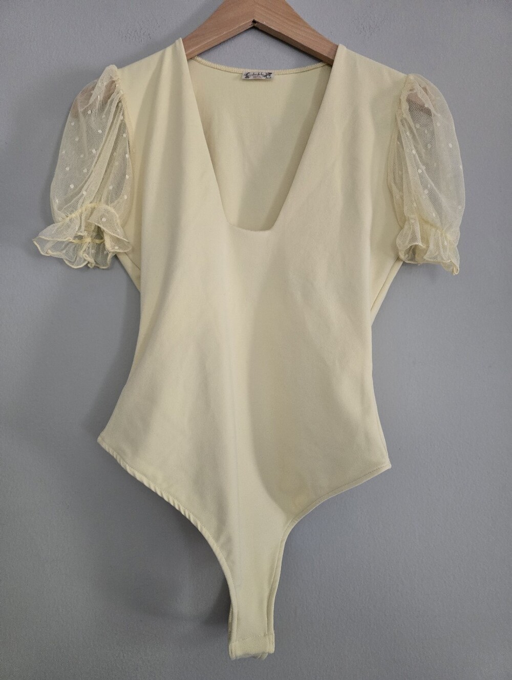 Initimately Free People Pale Yellow Sheer Puff-Sleeve V-Neck Bodysuit, XS